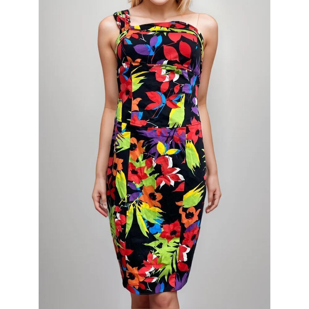 Cache One Shoulder Cocktail Dress Black Floral Size 8
